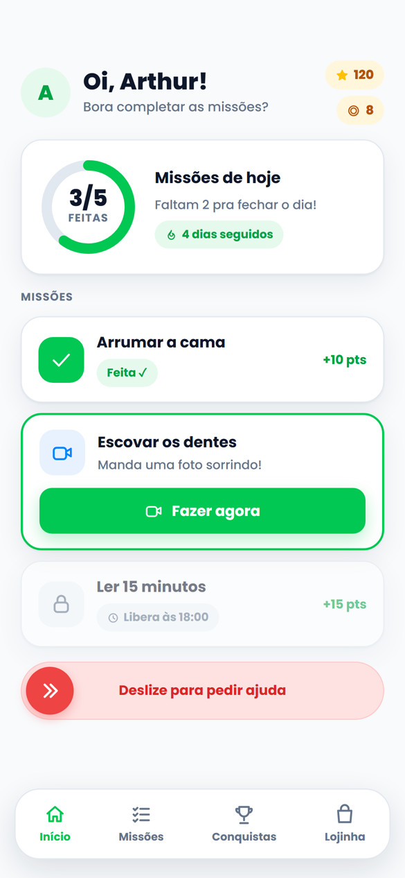 App da criança: missões de hoje